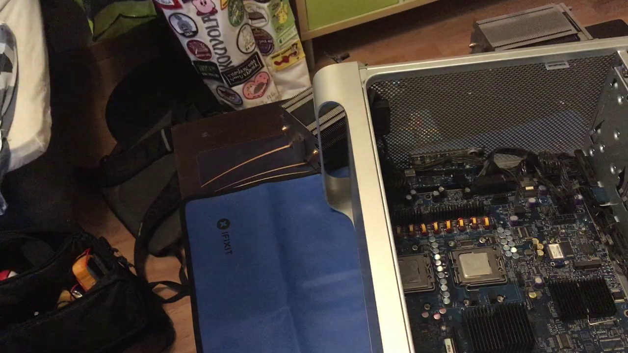 CPU heatsinks and the RAM cage removed