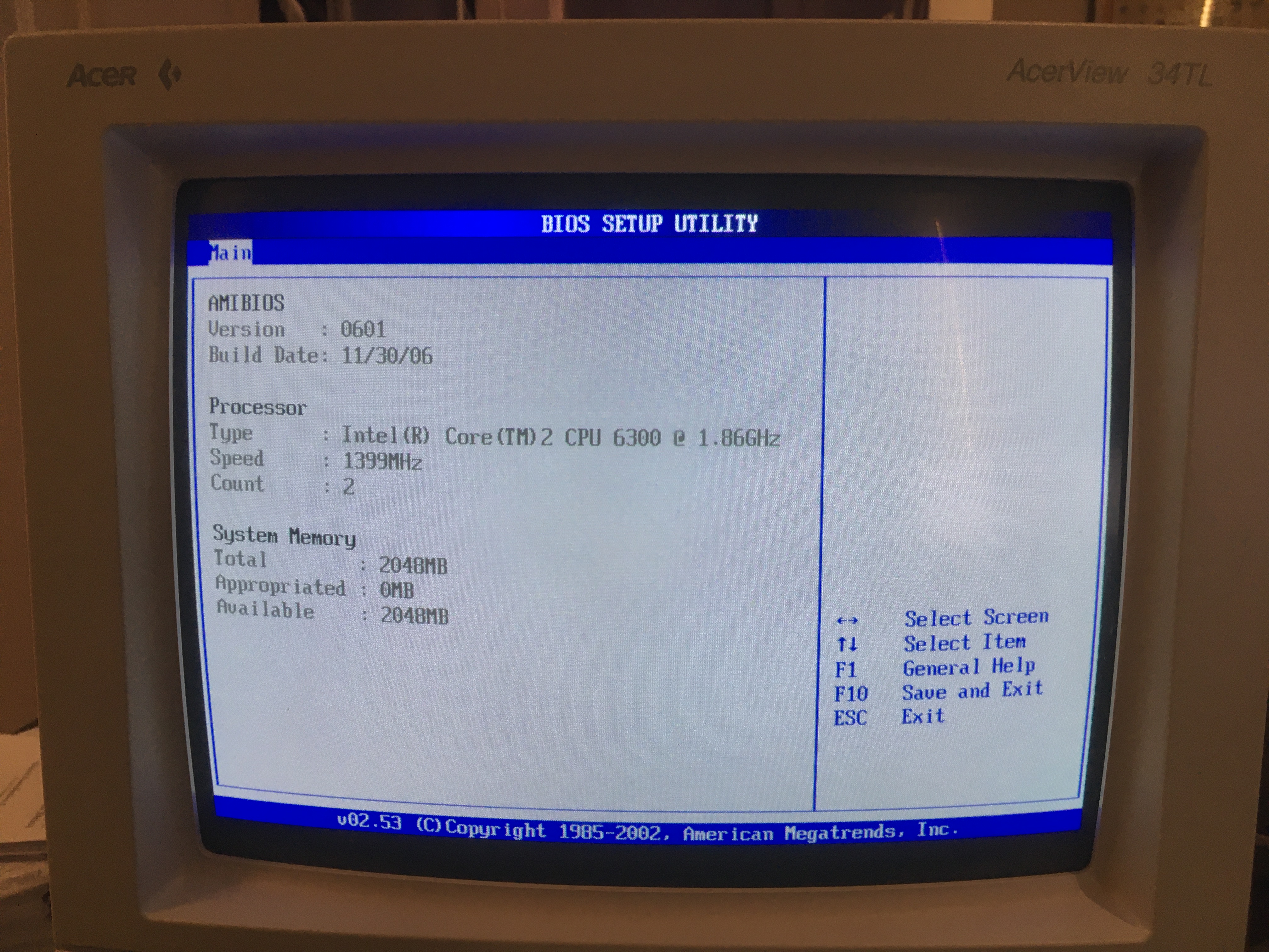 the Vista PC's BIOS displayed on the CRT monitor