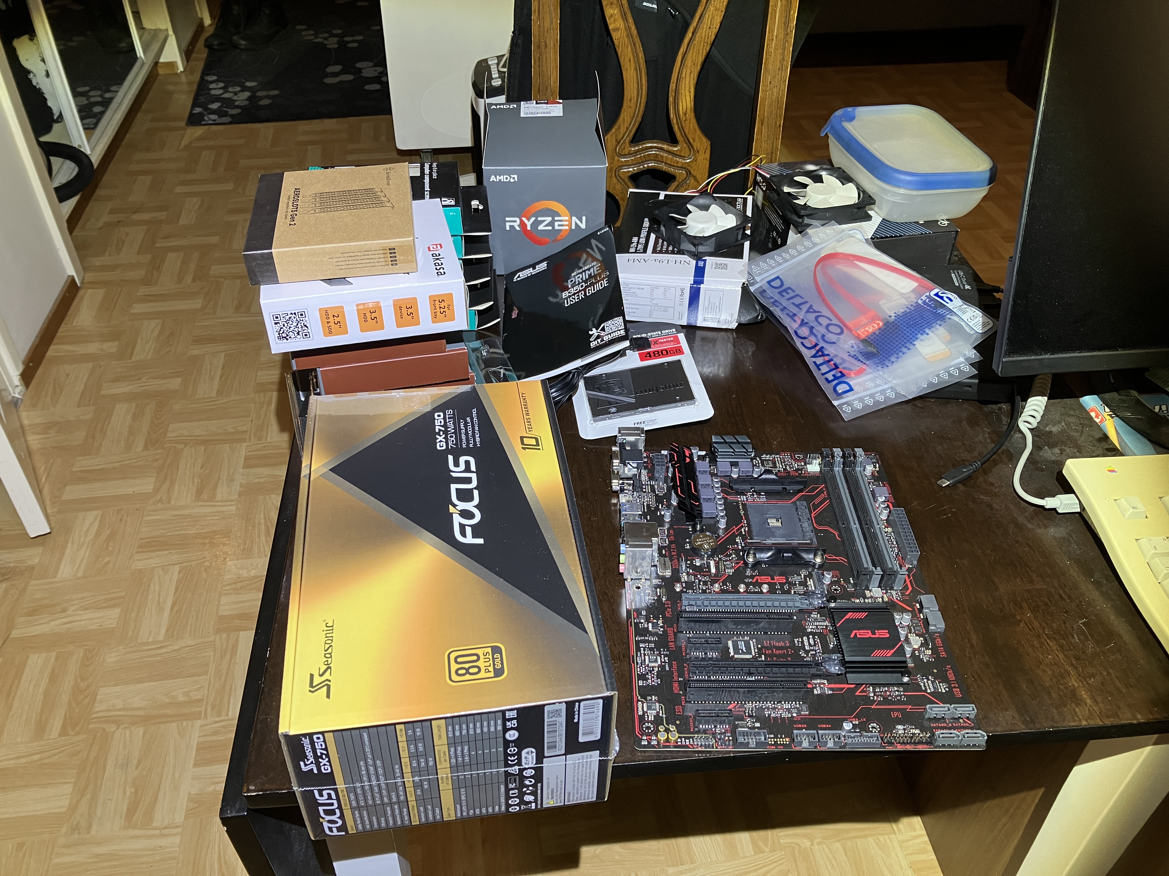 computer parts on a table